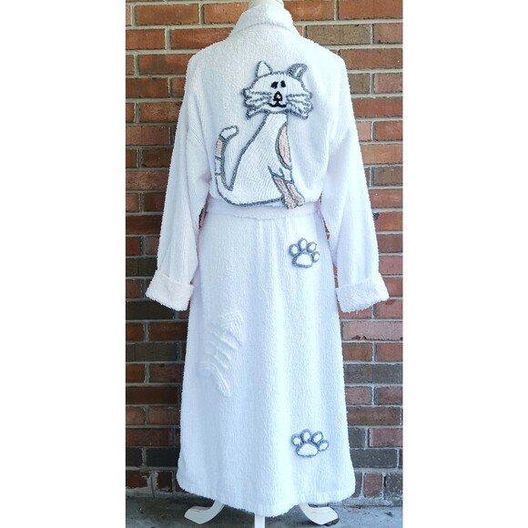 RARE Canyon Group Cozy Cat Lovers Chenille Cotton Long Belted Robe  Sz L - Picture 8 of 10